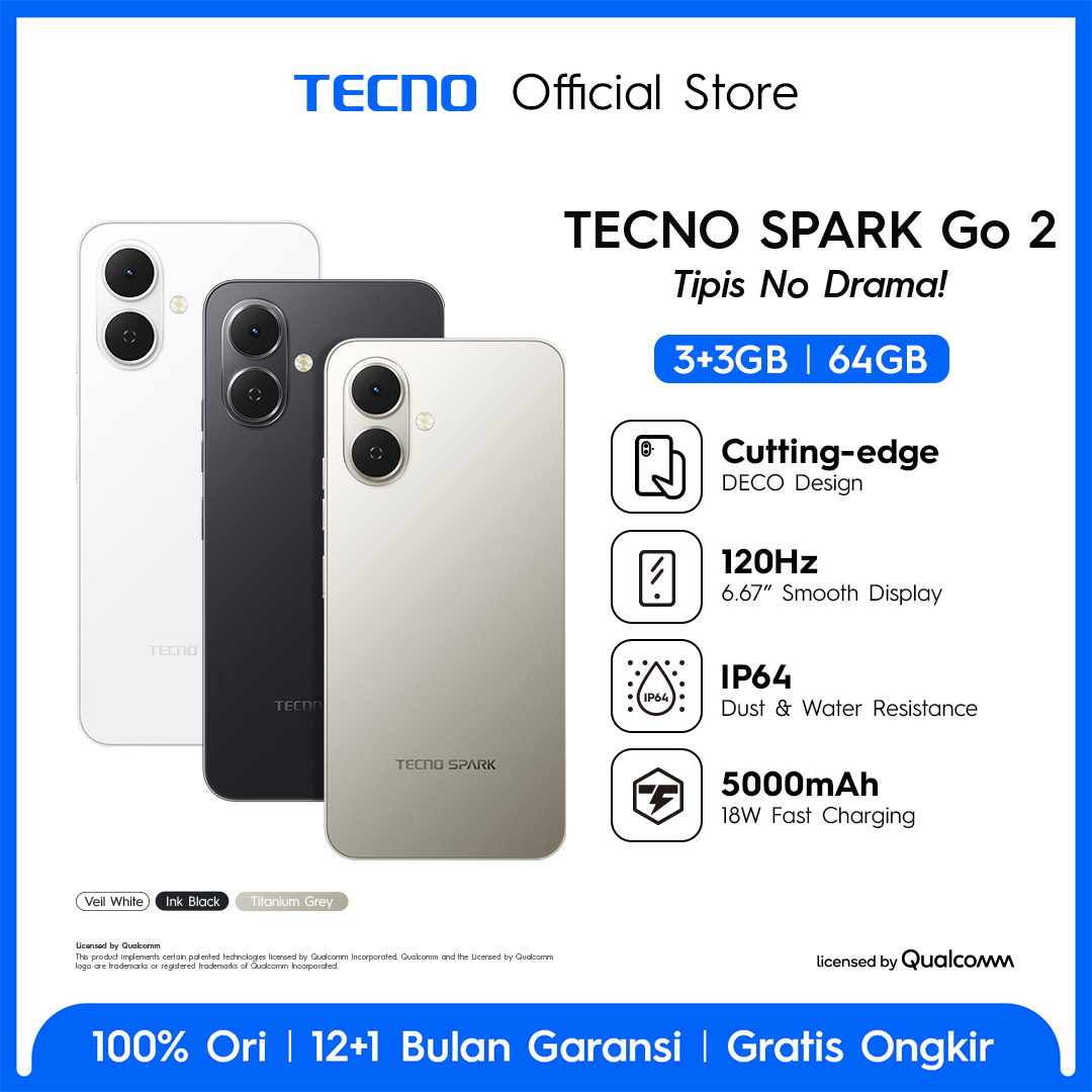 TECNO SPARK Go 2 3GB+3GB*/64GB, IP64, 6.67" HD+, 120Hz Smooth Display, 5000mAh, 18W Charging, Freelink Communication, Android 15-go, sparkgo2 Giá 1,149,000 Đồng*Miễn phí vận chuyển
