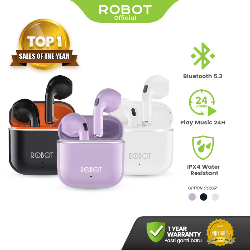 Robot TWS Wireless Earphone Airbuds T50S Original BT 5.3 True Wireless Headset Bluetooth Earbuds IPX4 WaterProof - Garansi 1 Tahun - Merek ROBOT Harga 98,900 rupiah*Gratis Ongkir