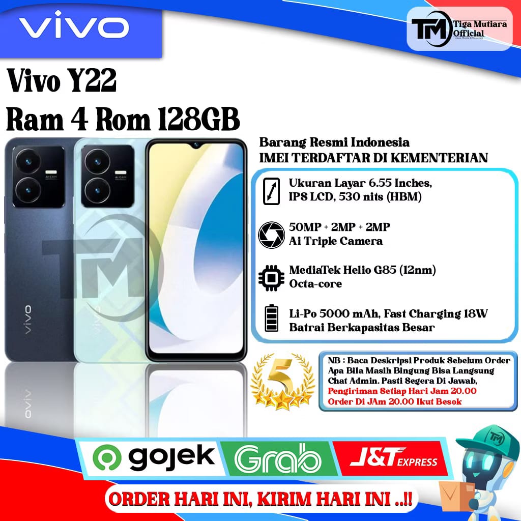 Vivo Y22 Ram 4 Rom 128GB Harga  1,799,000 Ringgit*Penghantaran Percuma