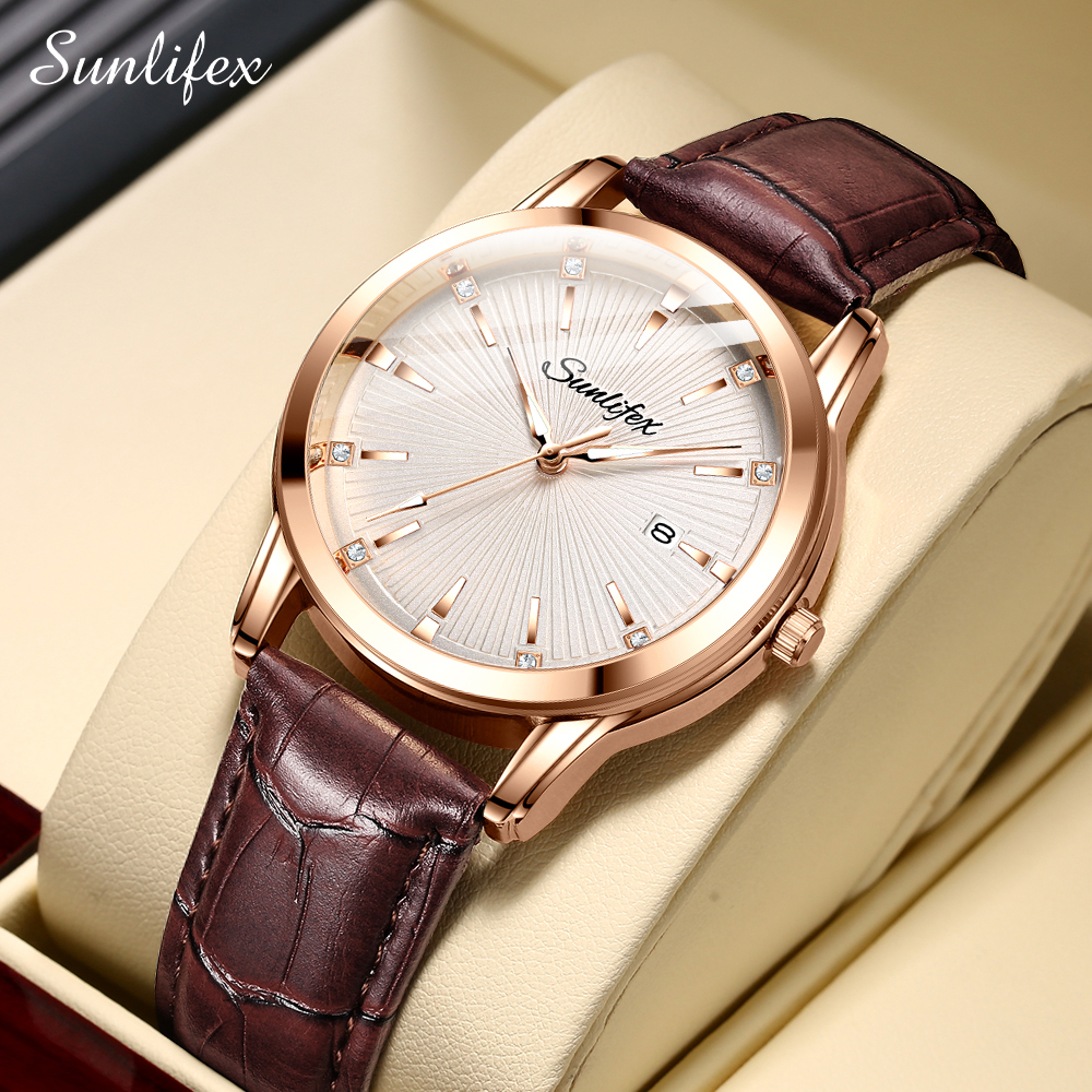 	 Sunlifex Jam Tangan Pria Anti Air Original Tali Kulit Kuarsa Bisnis Klasik Jam Tangan Cowok 7006 	