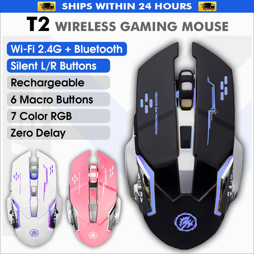 T2 - Bluetooth Wireless Gaming Mouse Silent Click USB Optical Ergonomic Rechargeable