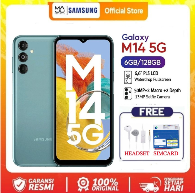 SAMSUNG GALAXY M14 5G RAM 6 ROM 128GB Triple CAMERA 50 MP - Bonus Full Harga 1,800,000 rupiah*Gratis Ongkir