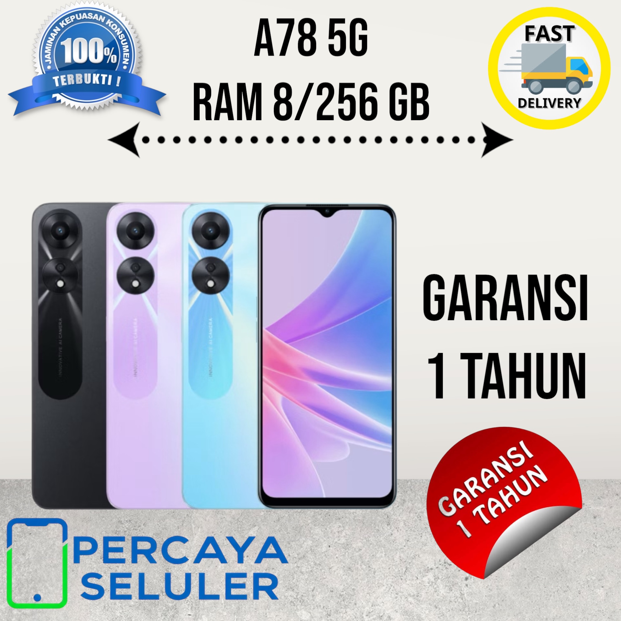 Smartphone A78 5G RAM 8/128 GB and 8/256 GB fast charging 33 VOOC Watt 1 year warranty Gress seal and new Harga 869,909 rupiah*Gratis Ongkir
