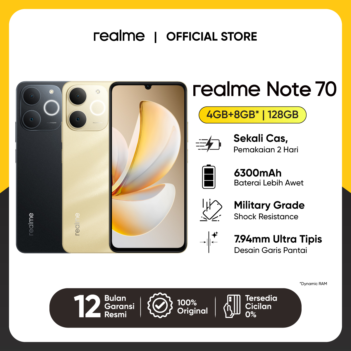 realme Note 70 4GB+8GB* | 128GB (6300Mah Battery) | Military Grade Shock Resistance | 7.94mm Ultra Thin | Pulse Light) Harga 1,499,000 rupiah*Gratis Ongkir