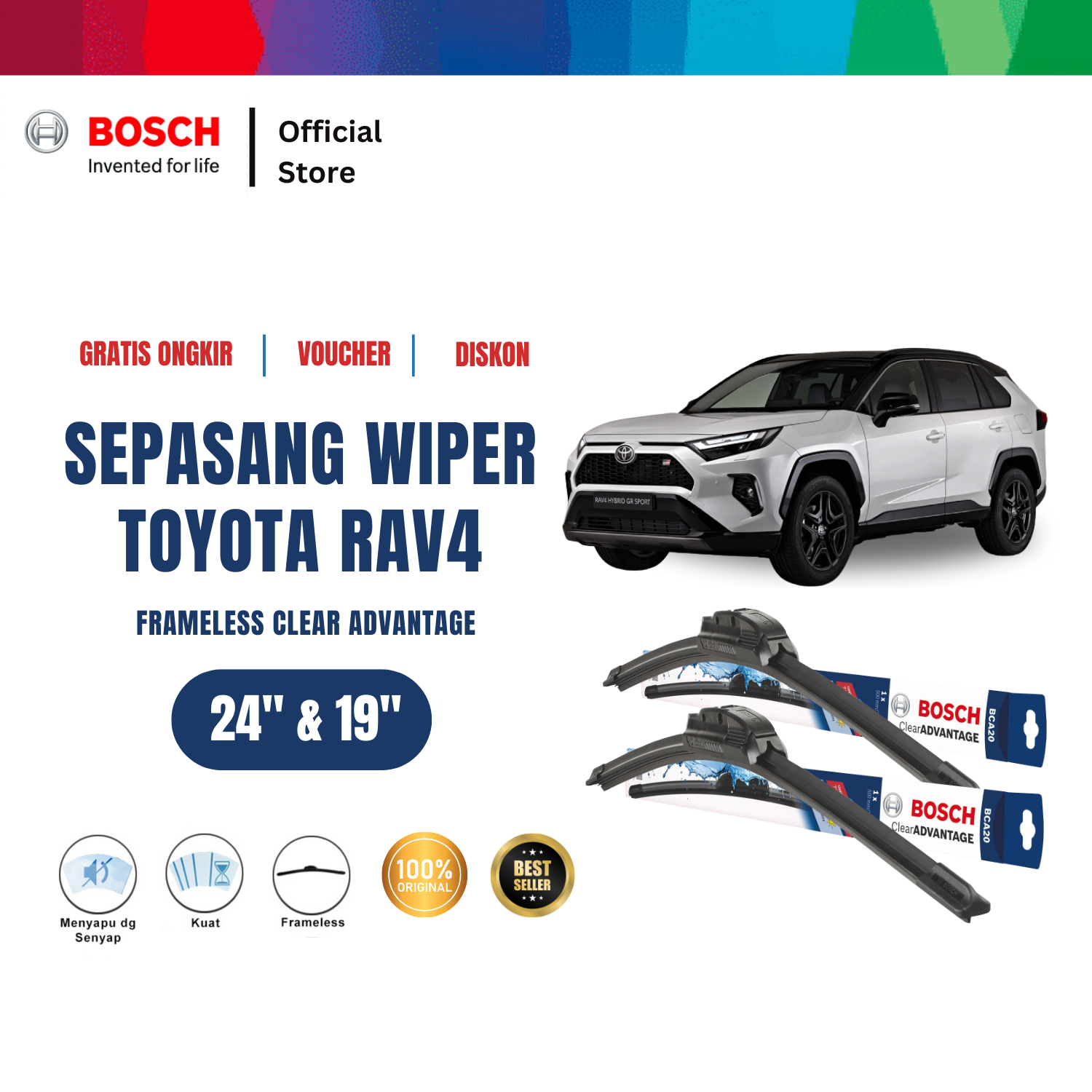 Bosch Sepasang Wiper Mobil Toyota Rav4 Frameless Clear Advantage 24 dan 19 Inci Harga 217,175 rupiah*Gratis Ongkir