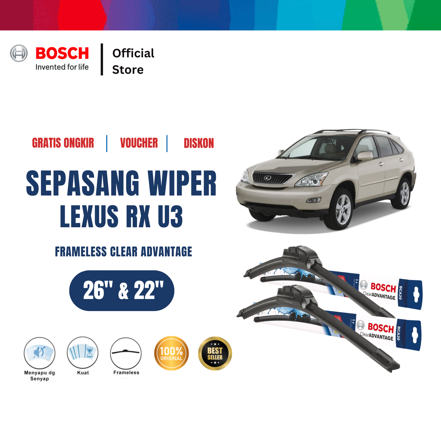 Bosch Sepasang Wiper Mobil Lexus RX U3 Frameless Clear Advantage 26 dan 22 Inci Harga 232,135 rupiah*Gratis Ongkir