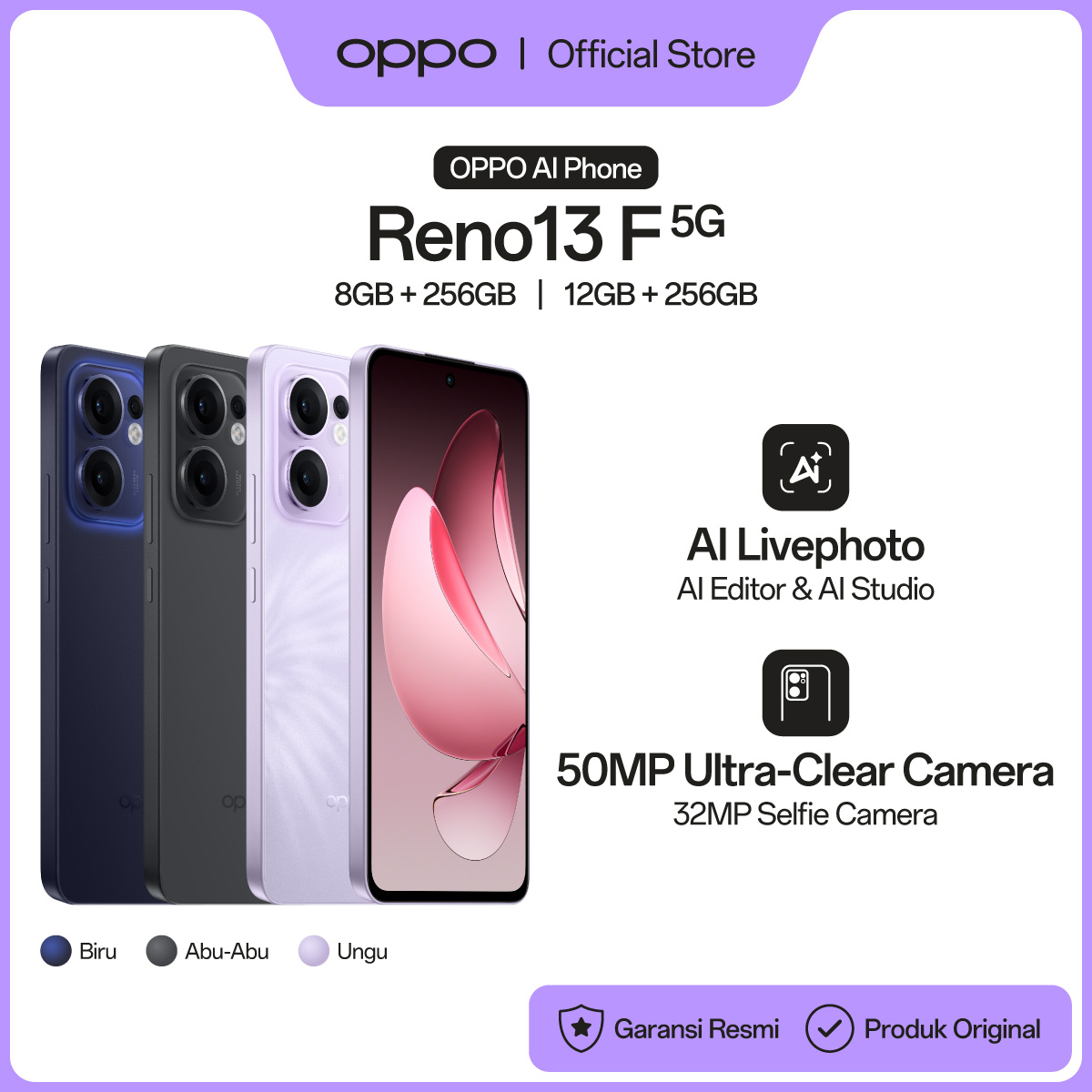Reno13 F 5G 8/256GB | 12/256GB [AI Live Photo, 50MP Ultra-Clear Camera, 5800mAh Large Battery 45W SUPERVOOC] Giá 5,599,000 Đồng*Miễn phí vận chuyển