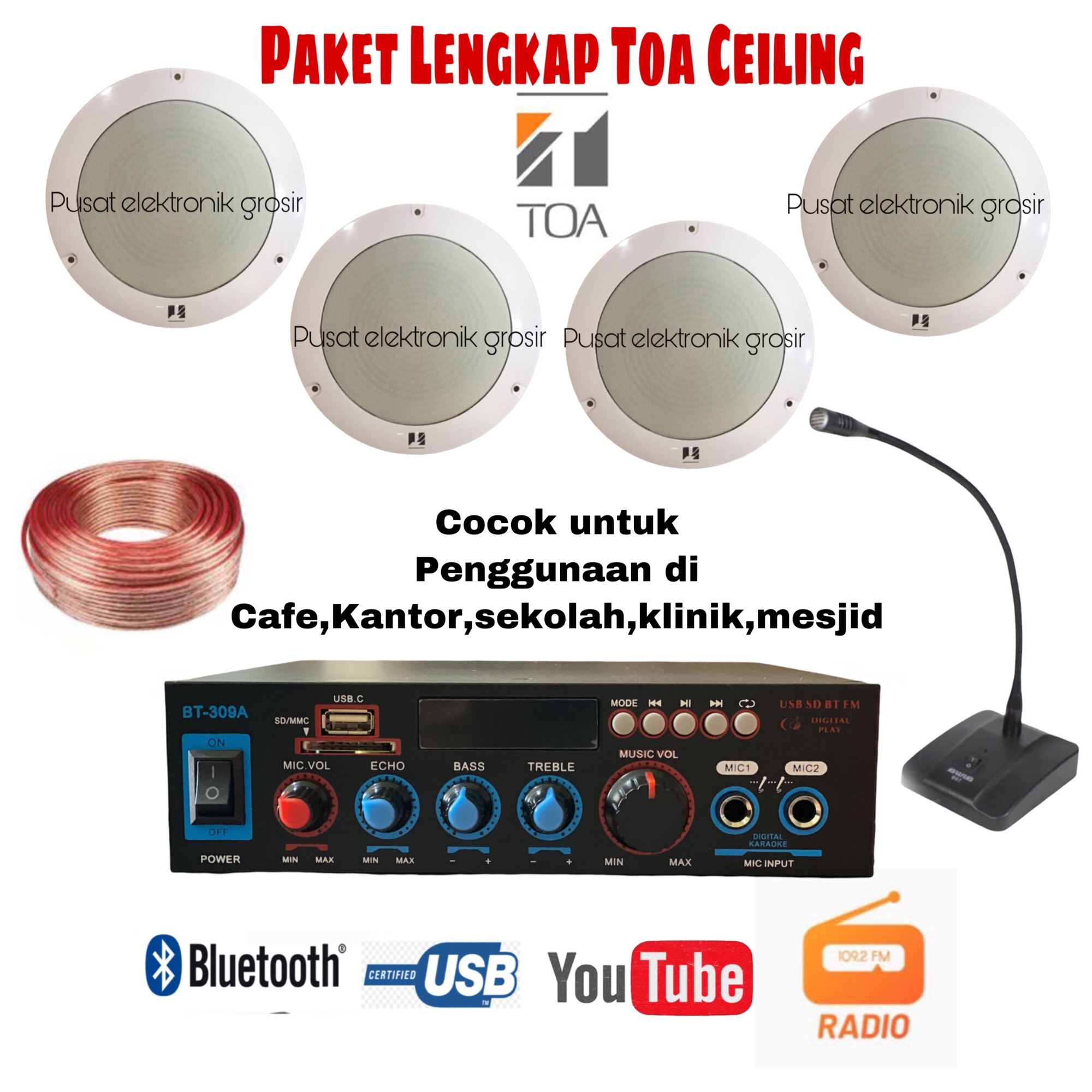 Paket komplit Speaker Toa ceiling plafon 646r Amplifier bluetooth