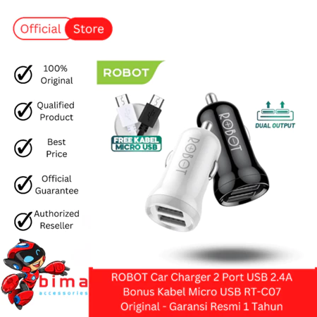 ROBOT Car Charger Mobil 2 Port USB 2.4A Bonus Kabel Micro USB RT-C07 Original Garansi Resmi 1 Tahun Harga 52,900 rupiah*Gratis Ongkir
