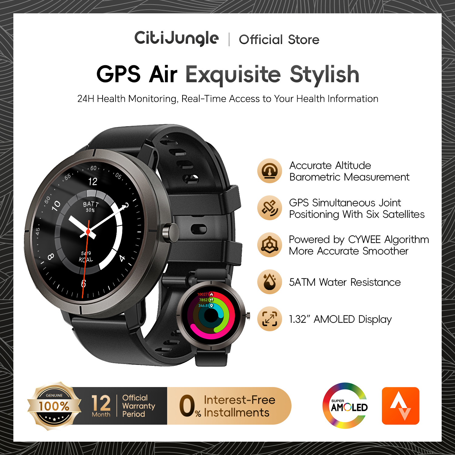Citijungle GPS Air Smartwatch 1.32'' AMOLED Screen | Metal Body | 5ATM Waterproof | Altimeter Compass Harga  679,000 rupiah*Gratis Ongkir