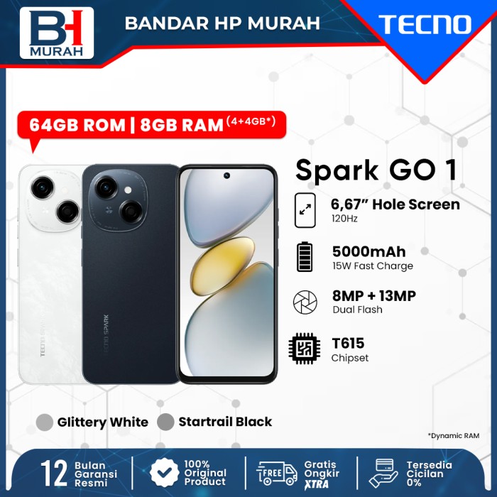 TECNO SPARK Go 1 4/64GB - IP54 Resistance - 120Hz Display - 4.5G Fast Network Harga 1,069,000 rupiah*Gratis Ongkir