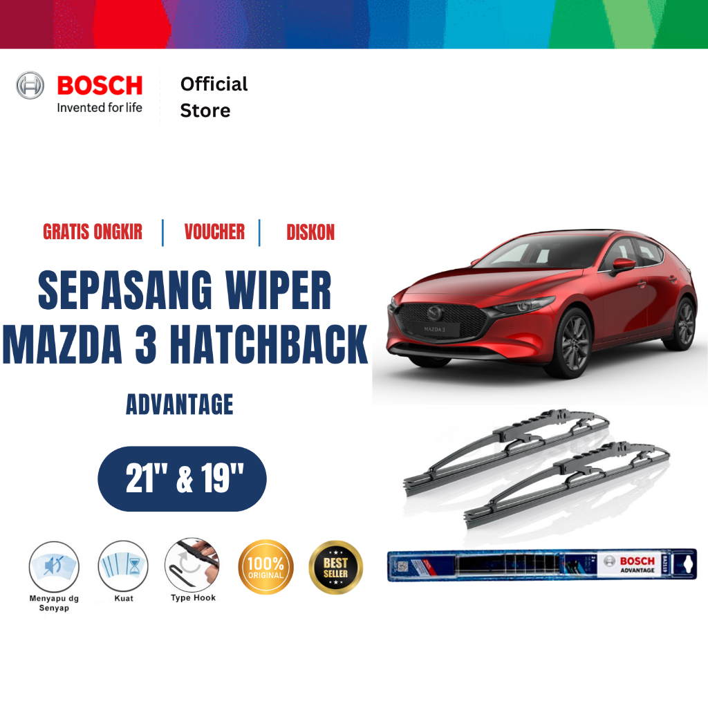 Bosch Sepasang Wiper Kaca Mobil Mazda 3 Hatchback BK 2003 sampai 2008 Advantage 21 dan 19 inchi Harga 131,835 rupiah*Gratis Ongkir