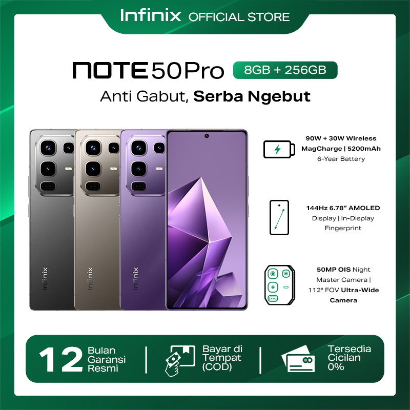 Infinix Note 50 Pro 8/256GB - Up to 16GB Extended RAM - Helio G100 Ultimate - 6.78” FHD+ Amoled - 50MP OIS - 5200 mAh - NFC Harga 2,939,000 rupiah*Gratis Ongkir