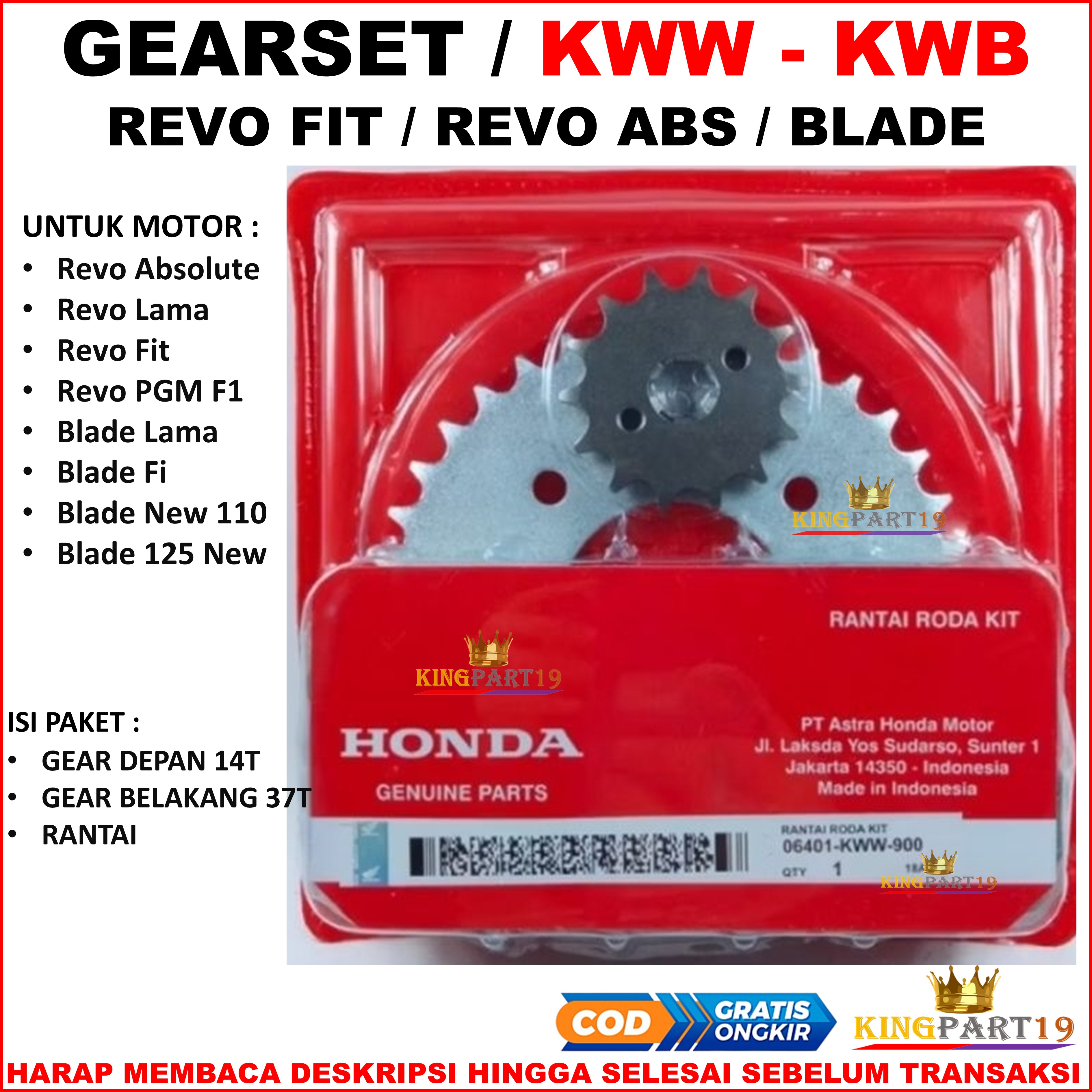 Gear set/gear blade chain pack, new blade, Revo absolute, Revo fi, Revo ABS code KWB/Kww Harga 98,193 rupiah*Gratis Ongkir
