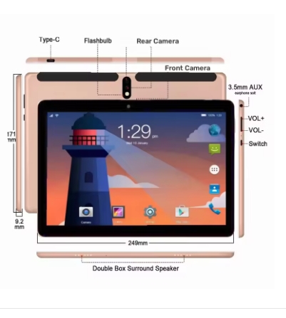 Type-C RAM+256GB ROM 10.1'' T960 Android 9.0 Tablet PC 4G Phone Call MTK9863 Dual SIM Card Slot Dual Camera Quad Core Giá 890,000 Đồng*Miễn phí vận chuyển