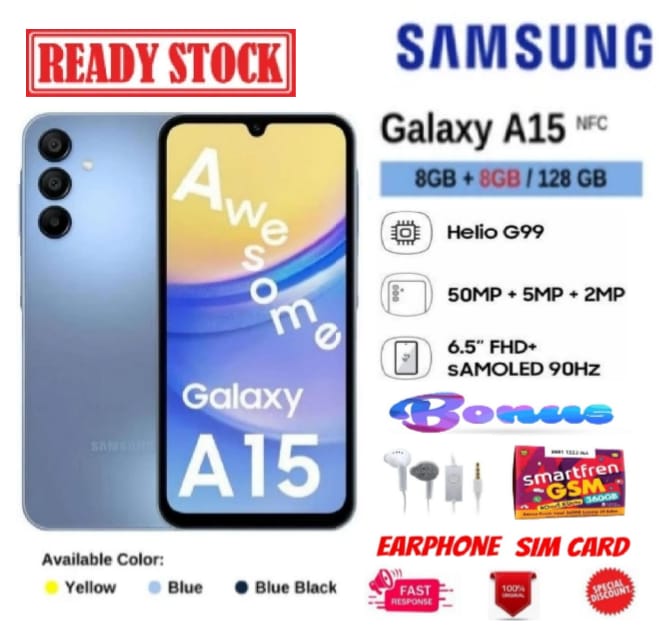 [BEBAS ONGKIR] HP SAMSUNG GALAXY A15 4G LTE 8/128GB - Garansi | (Helio G99, 50MP Camera, 5000mAh Baterry) - Kelengkapan FULLSET Harga 2,100,000 rupiah*Gratis Ongkir