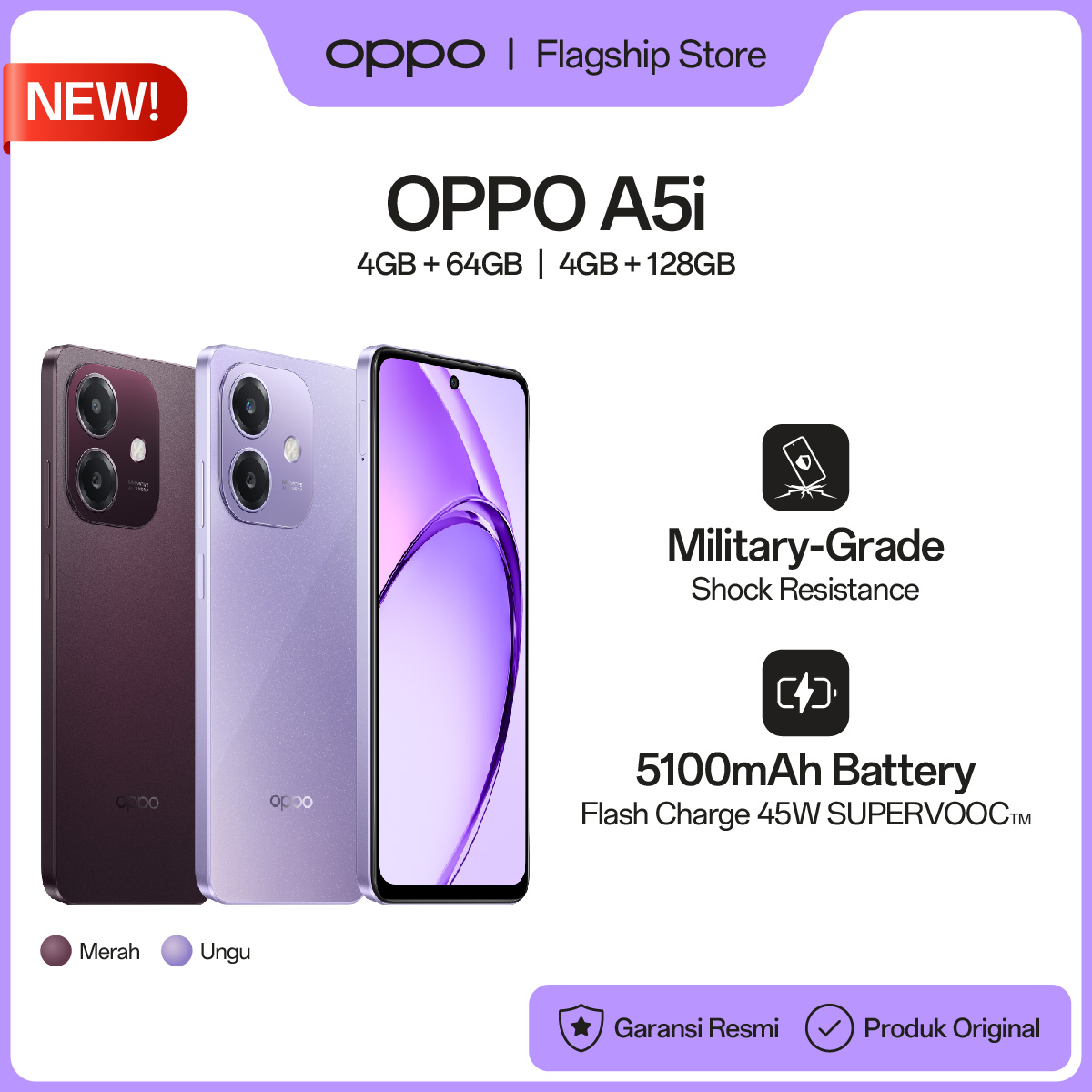 OPPO A5i 4/64GB | 4/128GB [Military Grade Shock Resistance, 5100 mAh 45W SUPERVOOC Battery] Harga  1,379,000 Ringgit*Penghantaran Percuma