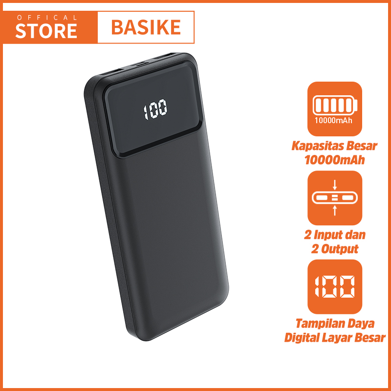 Powerbank 10000mah BASIKE asli Dual input output Dengan Dengan lampu LED ganda