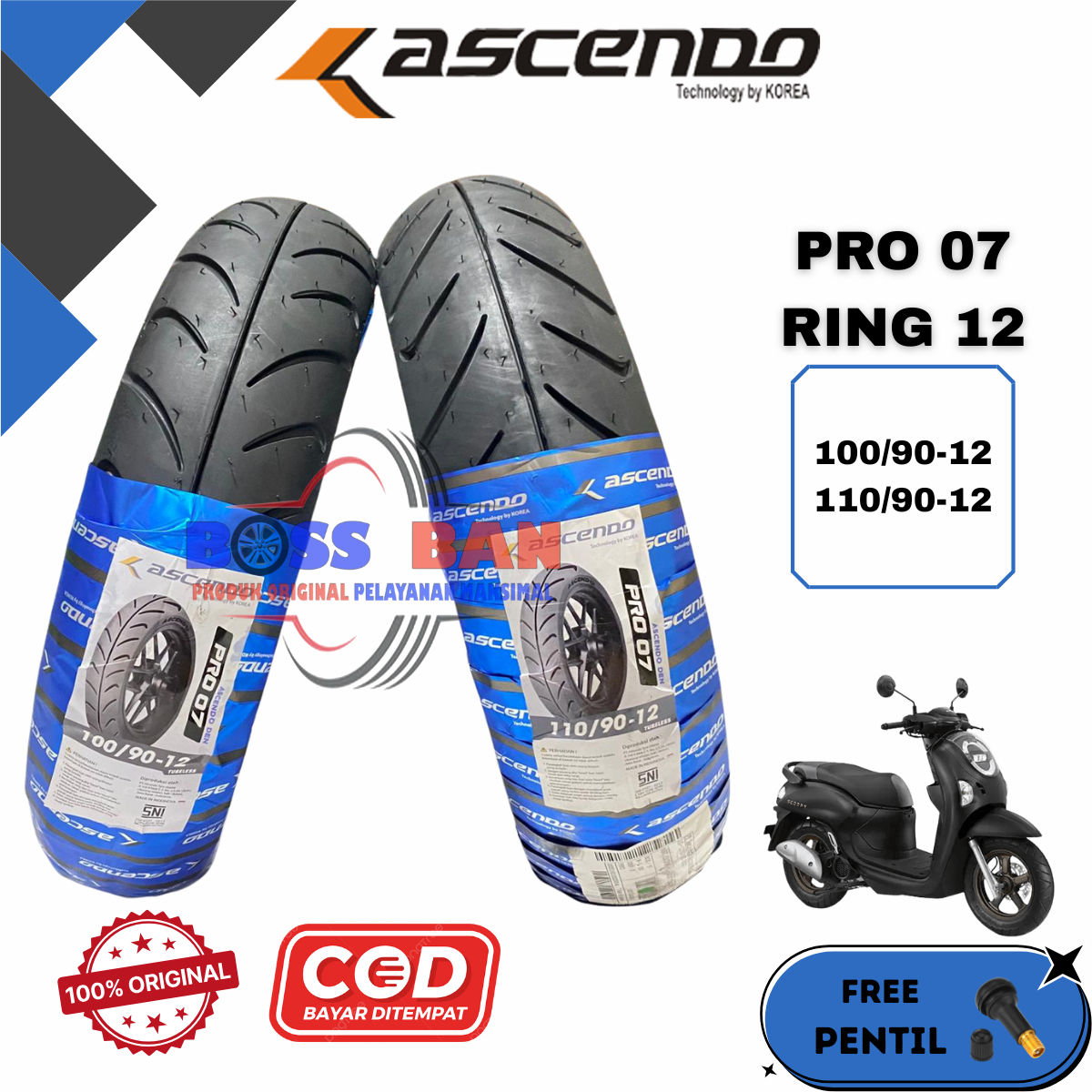 Ban Ascendo pro 07 100/90-12 110/90-12 ring 12 tubeless donut scopy tire original - Jenama Ascendo Harga 220,077 Ringgit*Penghantaran Percuma