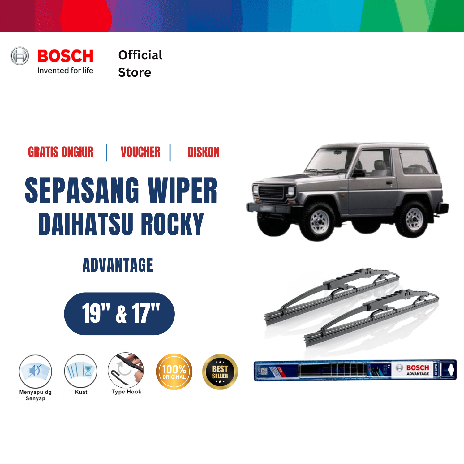 Bosch Sepasang Wiper Kaca Mobil Daihatsu Rocky Advantage 19 dan 17 inchi Harga 121,380 rupiah*Gratis Ongkir