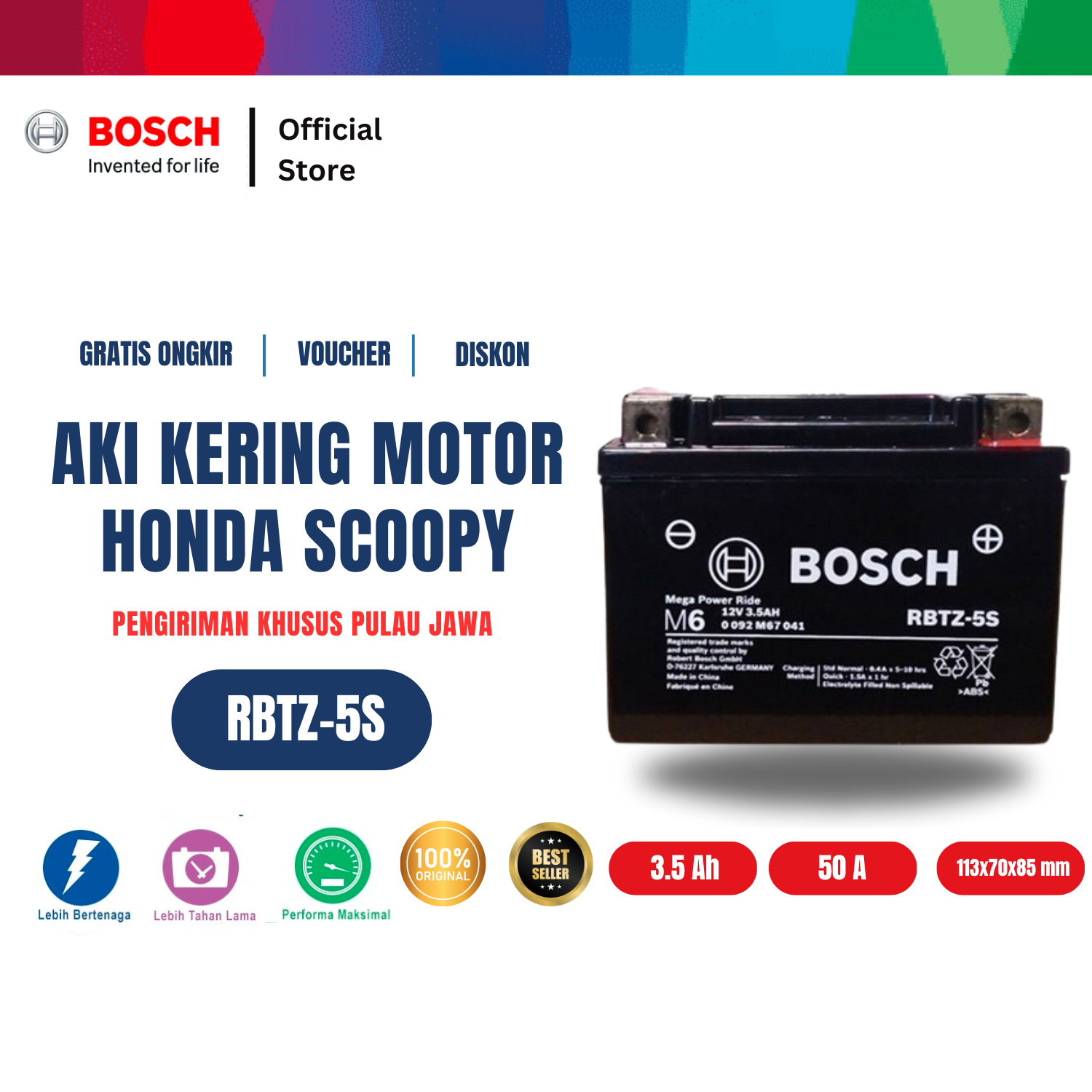 Bosch Aki Kering Motor Honda Scoopy, Scoopy Fi, Shoopy 110 ISS, Scoopy 2010 - Maintenance Free - RBTZ-5S Harga  225,250 Ringgit*Penghantaran Percuma