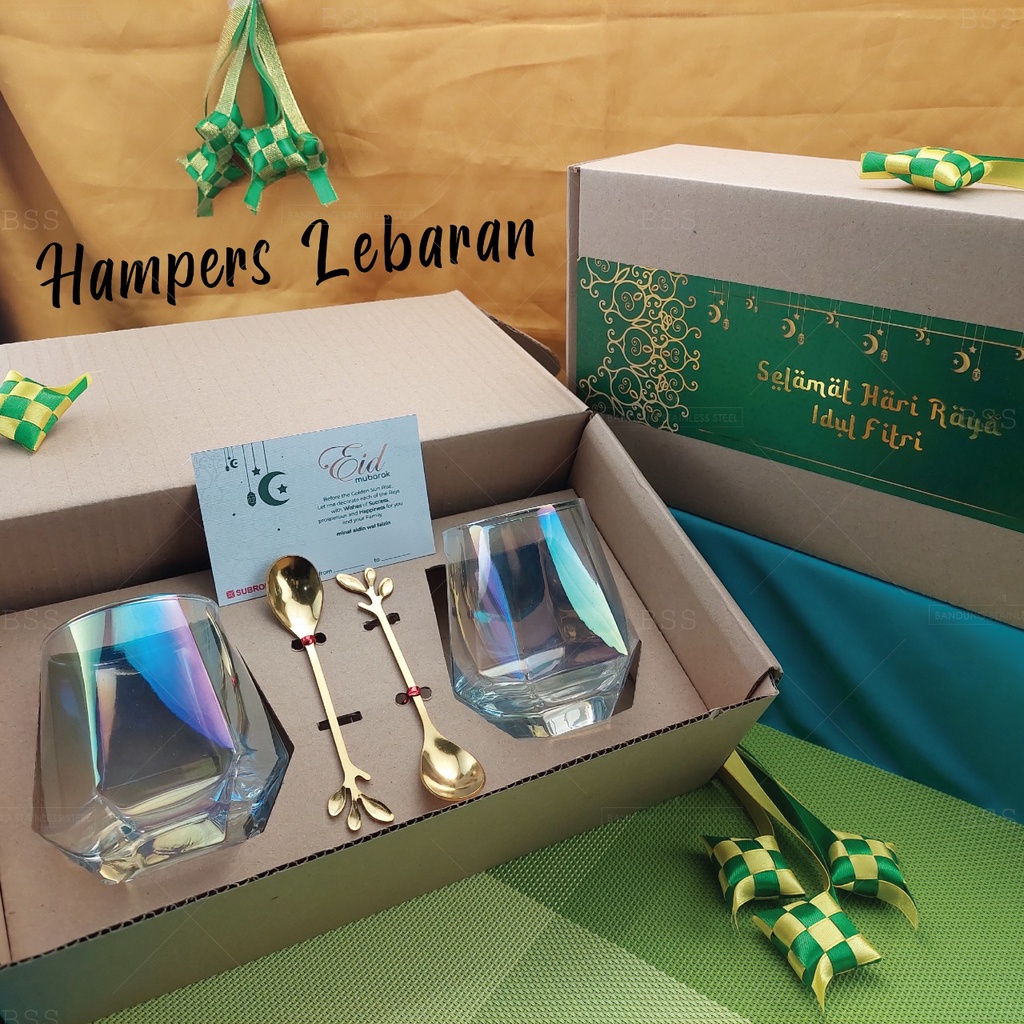 Hampers gelas kaca cantik Lebaran Idul Fitri kado hadiah hadiah parcel sendok aesthetic