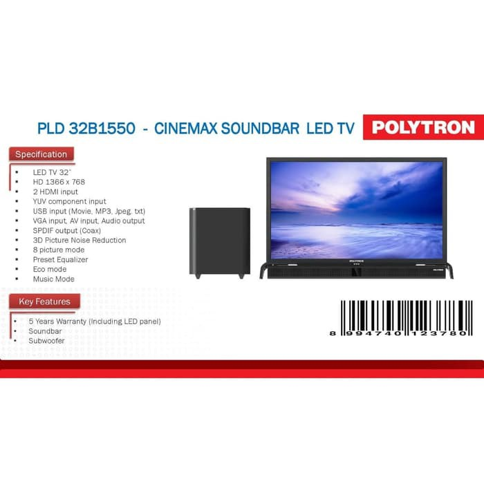 Polytron Pld 32b1551 S024 Led Tv 32 Inch Cinemax Soundbar Khusus Jabodetabek Lazada Indonesia