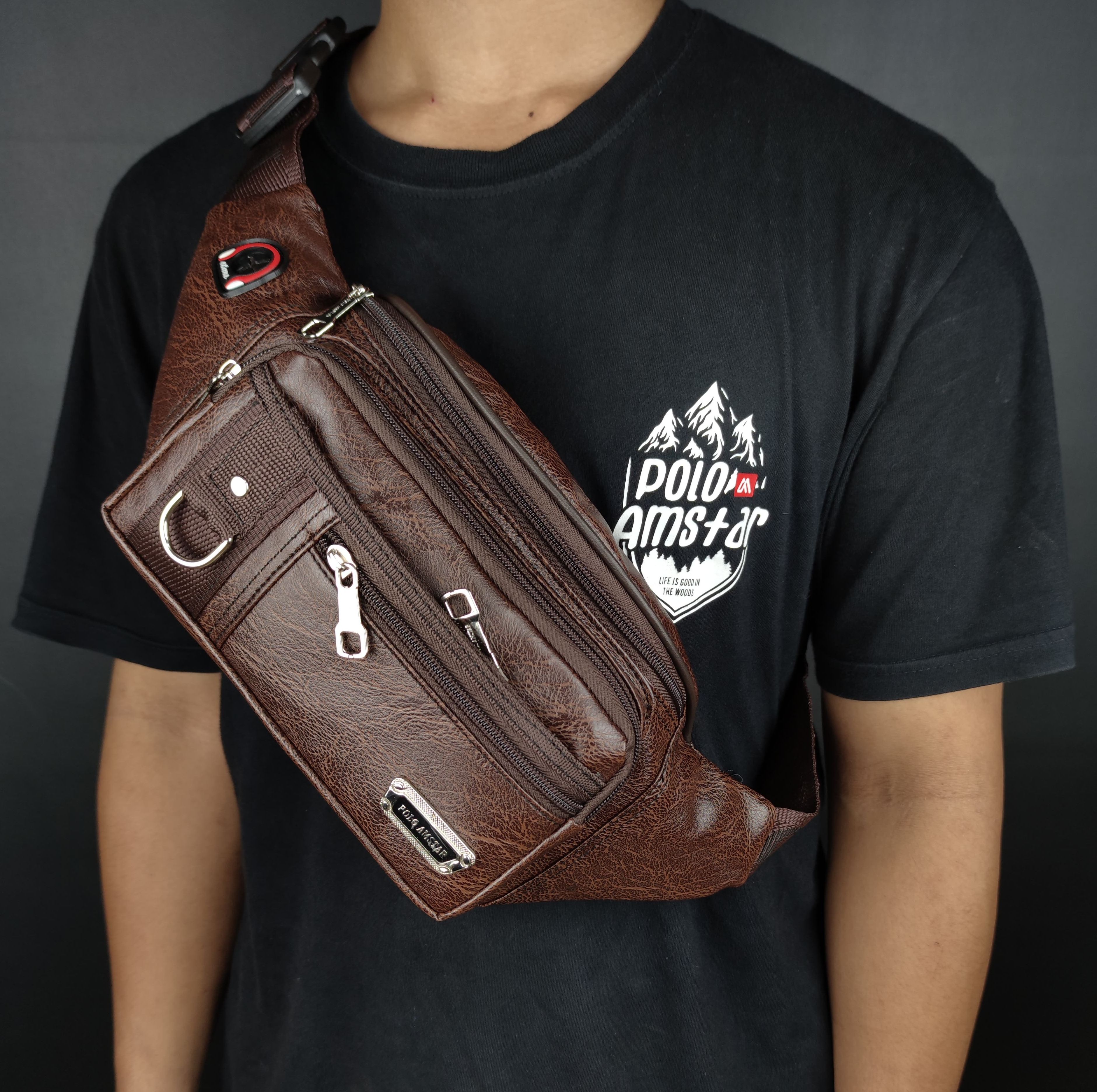 Tas Pinggang Pria Wanita Bahan Kulit PU Leather Polo Amstar Selempang Bahu