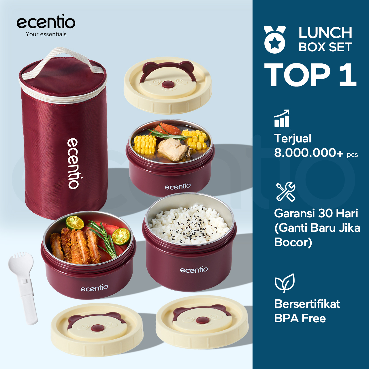 ecentio tempat makan stainless lunch box tas set 3pcs merah Kotak Makan anti tumpah 304 Stainless Steel tas bekal dan free sumpit Harga 43,650 rupiah*Gratis Ongkir