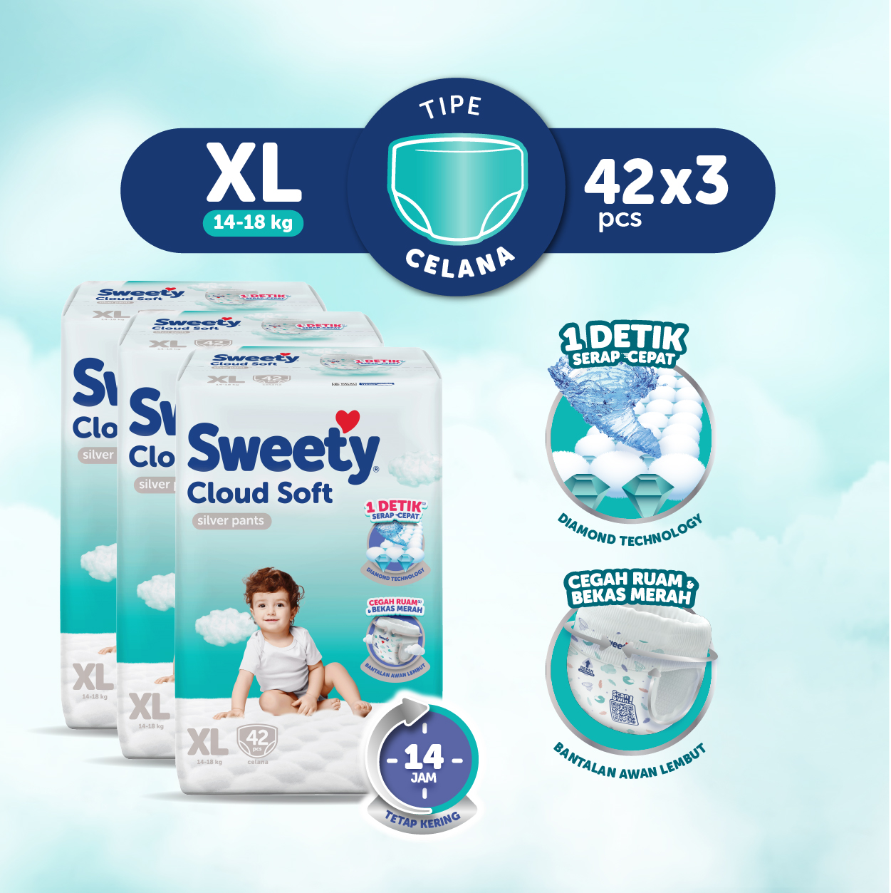 [Paket isi 3] Sweety Silver Pants Cloud Soft XL42 Harga 239,200 rupiah*Gratis Ongkir