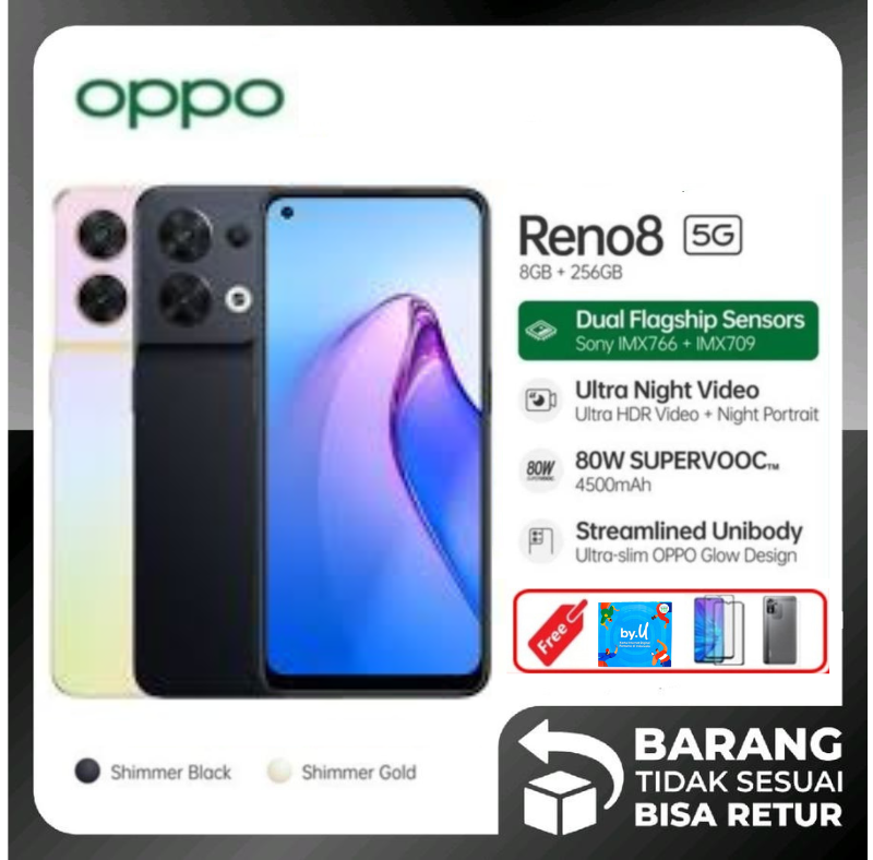 Smartphone !!! OPPO RENO 8 5G RAM 8 GB ROM 256 GB - Garansi , Shimer Black Harga 2,950,000 rupiah*Gratis Ongkir