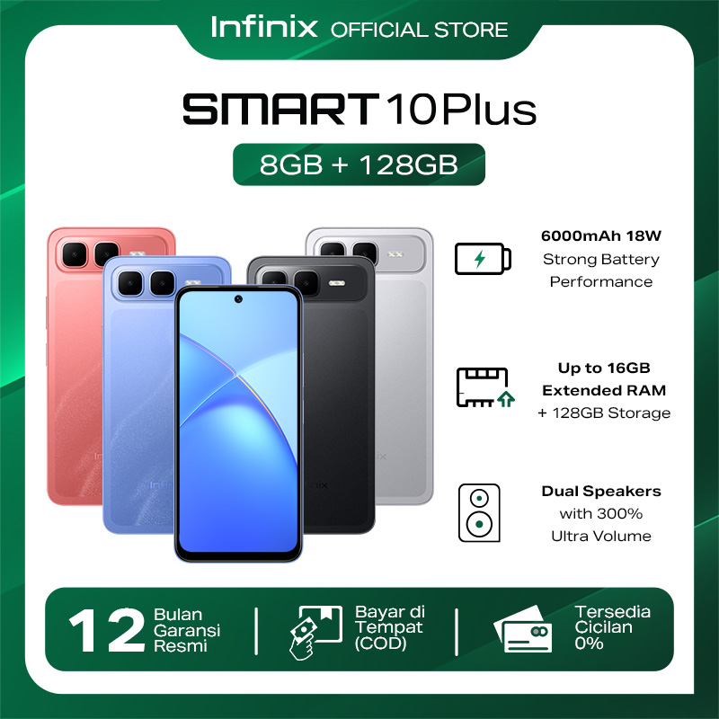 Infinix Smart 10 Plus 8/128GB - Up to 16GB Extended RAM - 6.67 inch 120Hz HD+ - T7250 - 6000 mAh Harga 1,399,000 rupiah*Gratis Ongkir