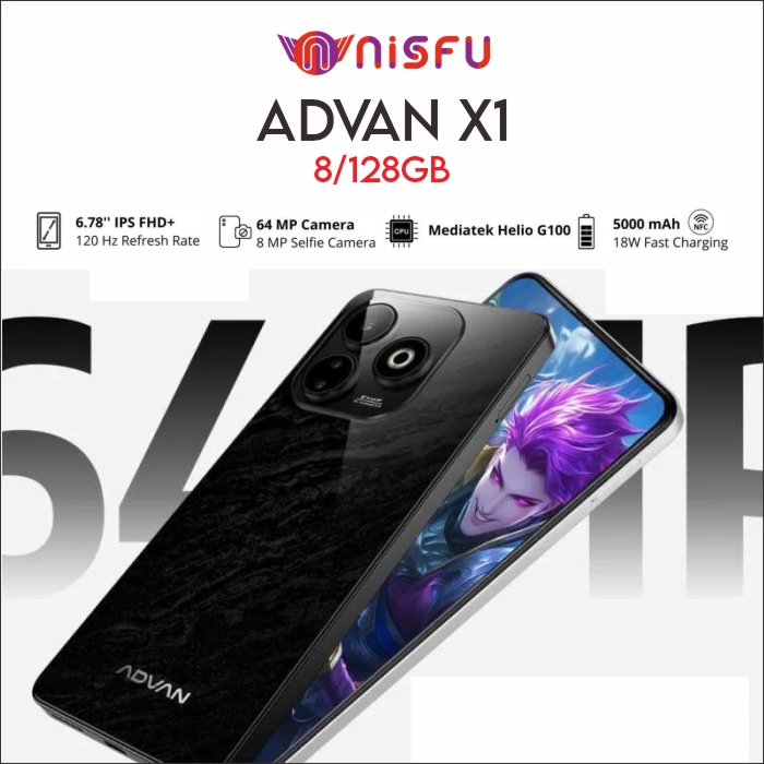 Advan X1 Mediatek Helio G100 8Gb+8Gb/128Gb High Refresh Rate 120Hz Ips Fhd+ Sony 64Mp Big Battery 5000Mah Official Guarantee Harga 1,695,000 rupiah*Gratis Ongkir