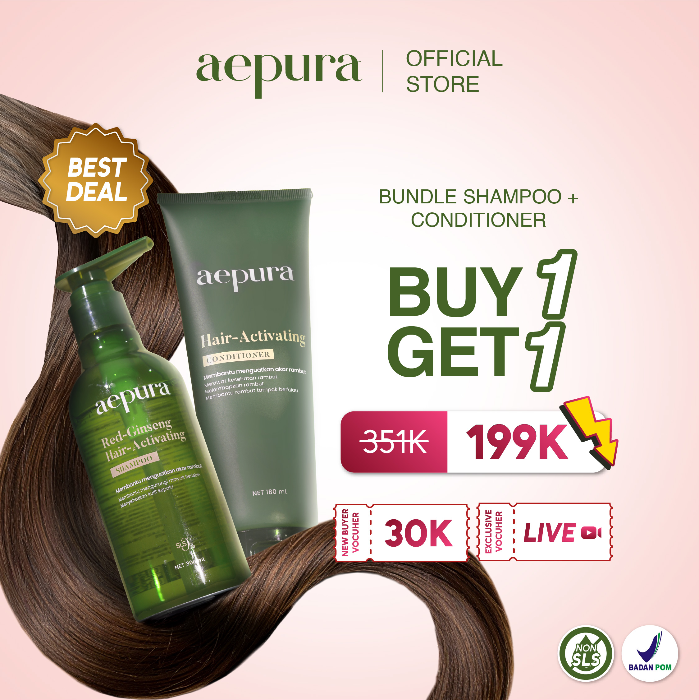 Aepura Red-Ginseng Hair-Activating Shampoo 300ml + Conditioner 180ml | Bpom Strengthens Hair Roots Accelerates Growth Nourishes Hair Anti-Fall Treatment No Sls Korean Ginseng Natural Herbal Anti-Frizzy Conditioner Shampoo Harga 175,000 rupiah*Gratis Ongkir