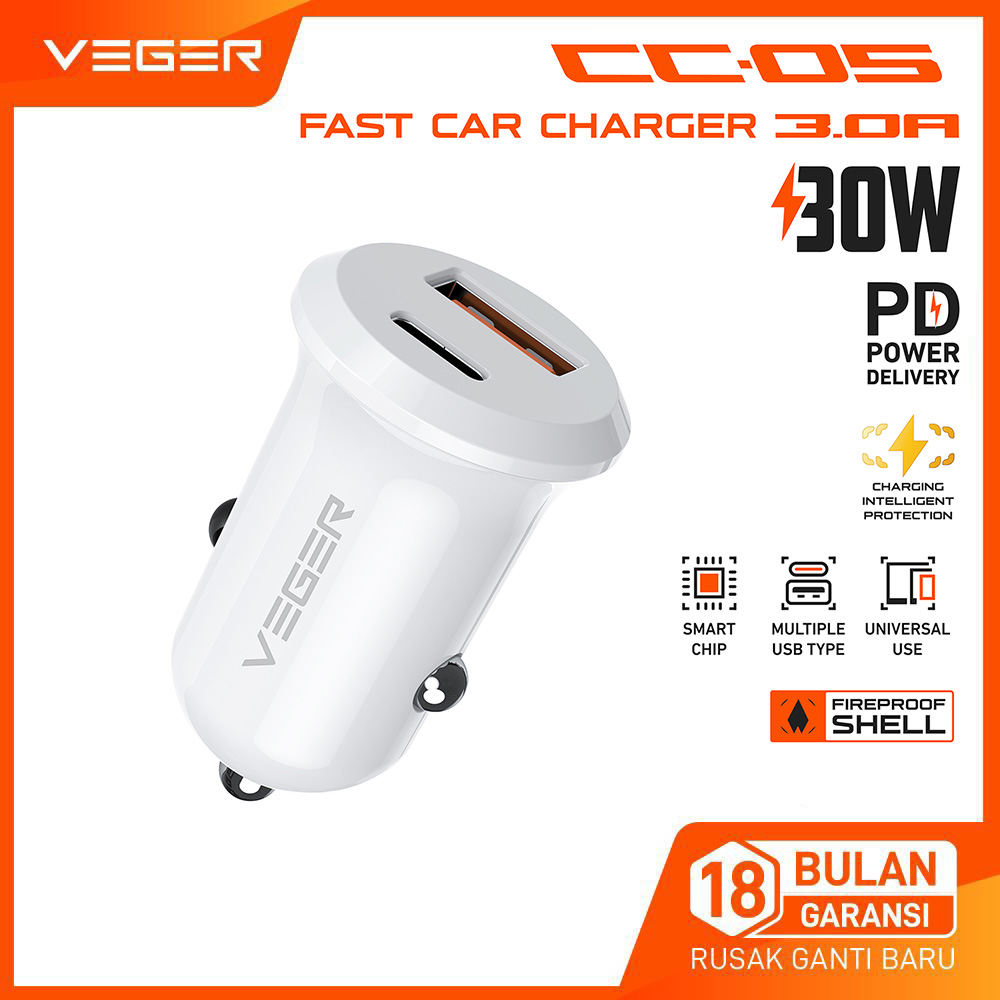 VEGER Car Charger Mobil / Motor CC05 30W 30Watt USB A + Type C Fast Charging 3.0 PD Harga 39,000 rupiah*Gratis Ongkir