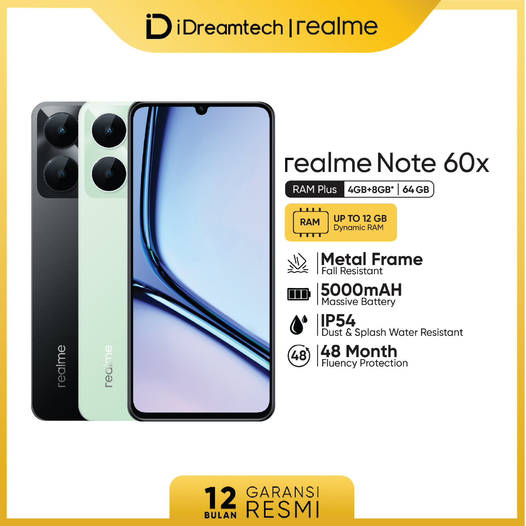 Realme Note 60X 4Gb+8Gb* | 64Gb (Armorshell ™ Protection | 48-Month Fluency | Ip54 Dust & Water Resistant) Harga  1,299,000 Ringgit*Penghantaran Percuma