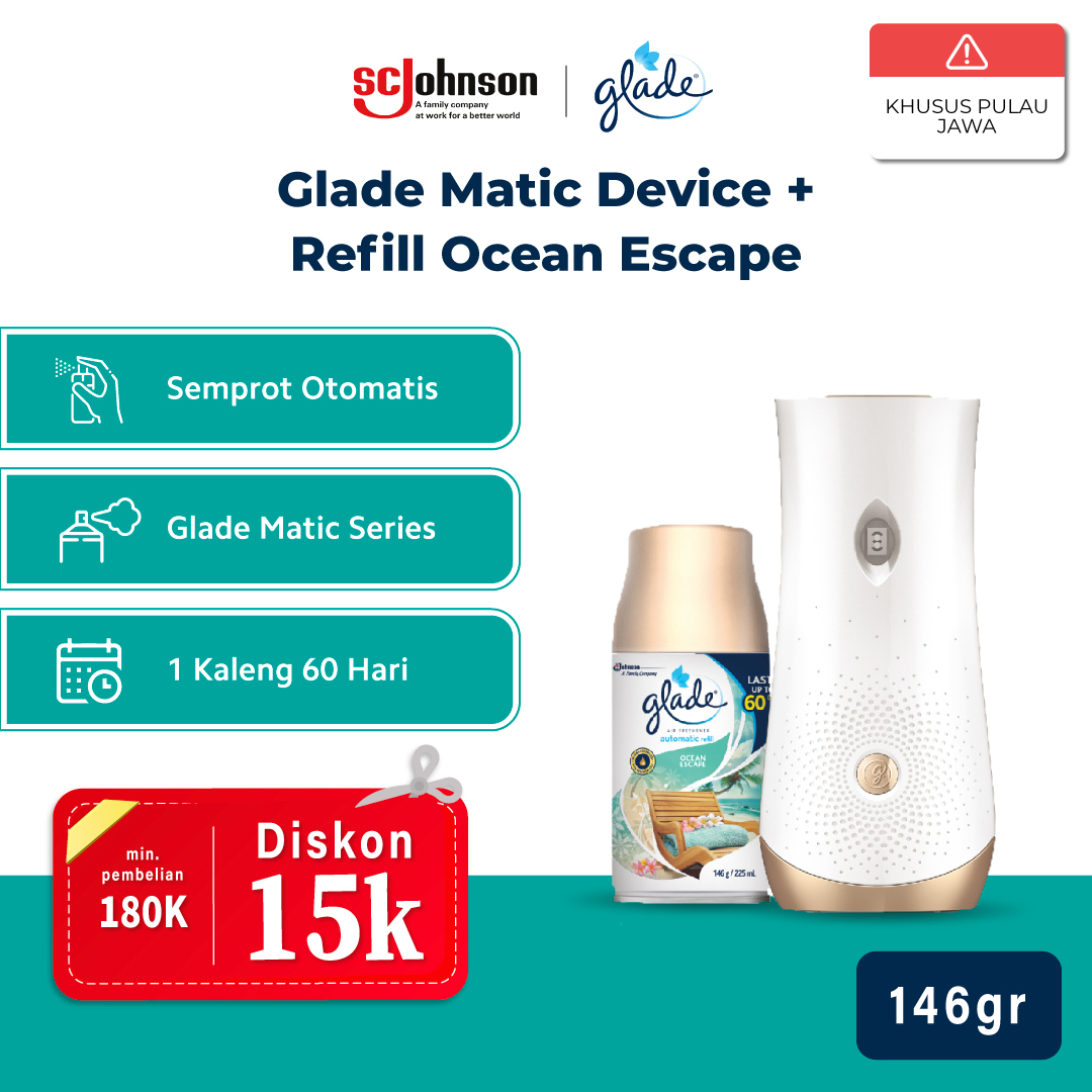 Glade Matic Device + Refill - Ocean Escape 146gr / 225mL Dengan Konsentrat Fragrance Harga 88,634 rupiah*Gratis Ongkir