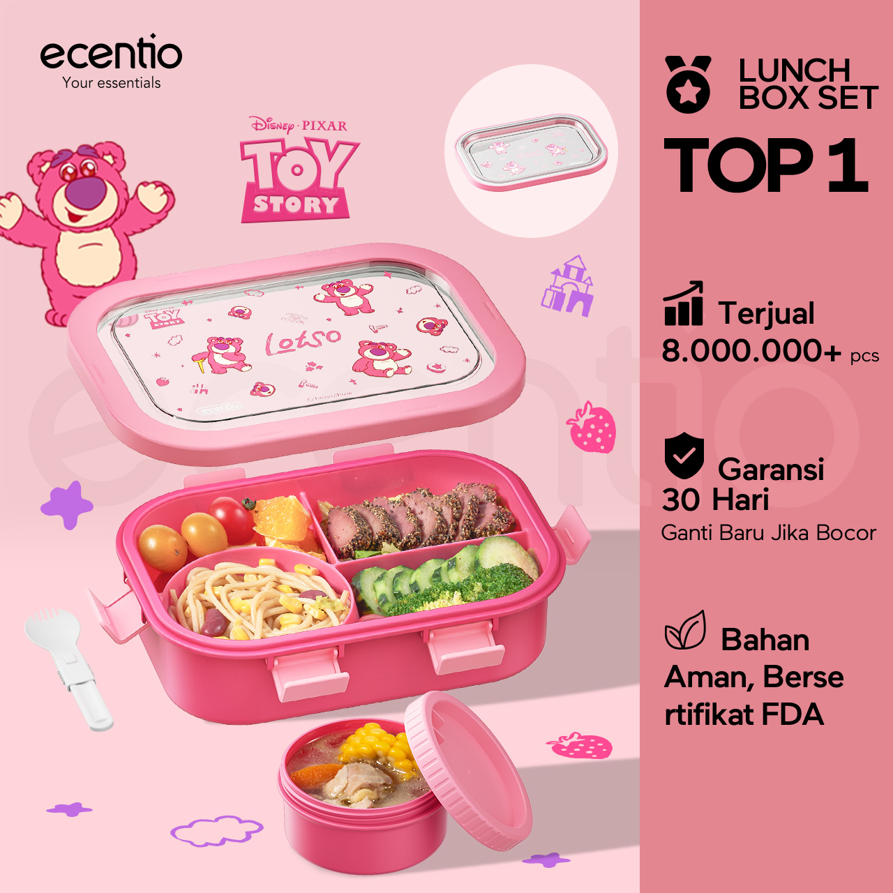 【New Launch】Ecentio Children's Lunch Box 4 Gird 1400ml Adult Lunch Box Disney Lotso Cute School Free Soup Bowl Bpa Free Baby Spill-Proof Lunch Box-C Harga 237,500 rupiah*Gratis Ongkir