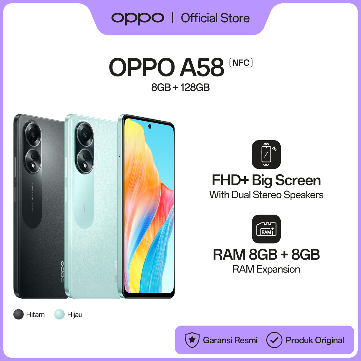 Oppo A58 Nfc 8Gb+8Gb/128Gb [5000Mah Supervooc 33W, Fhd+ Big Screen] Harga 2,177,000 rupiah*Gratis Ongkir