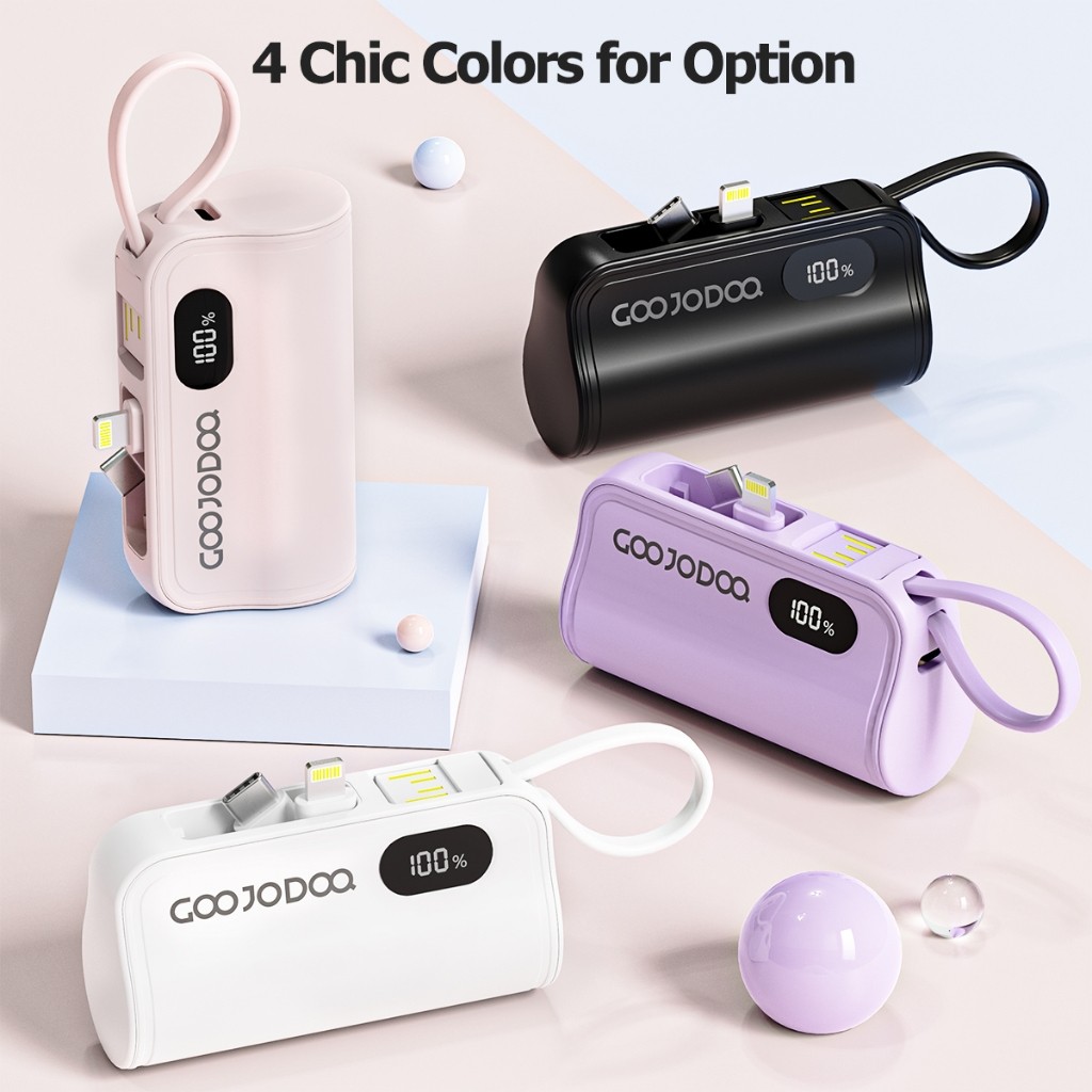 5000Mah Mini Powerbank with Dual Lightning + Type C Plugs for iPhone Android Phone Built in Cable Small Portab