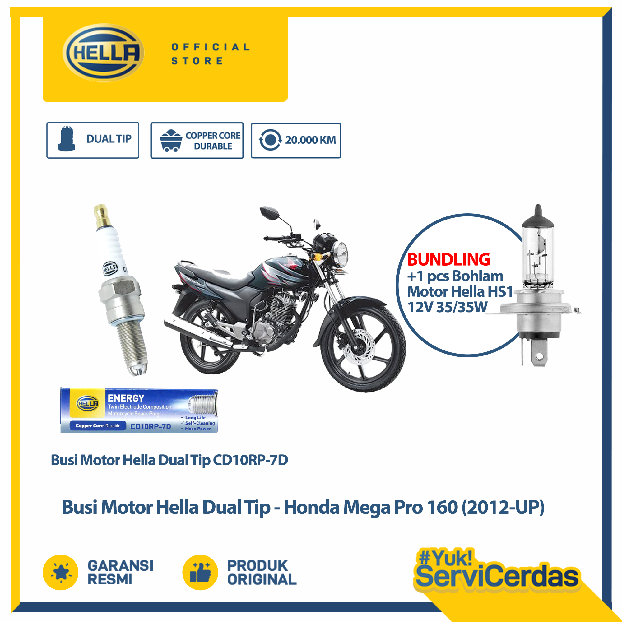 Busi Motor Honda Mega Pro 160 2012 up Hella Dual Tip CD10RP-7D Bundling Bohlam Motor HS1 12V 35/35W PX43T - Lampu Motor Harga 47,800 rupiah*Gratis Ongkir