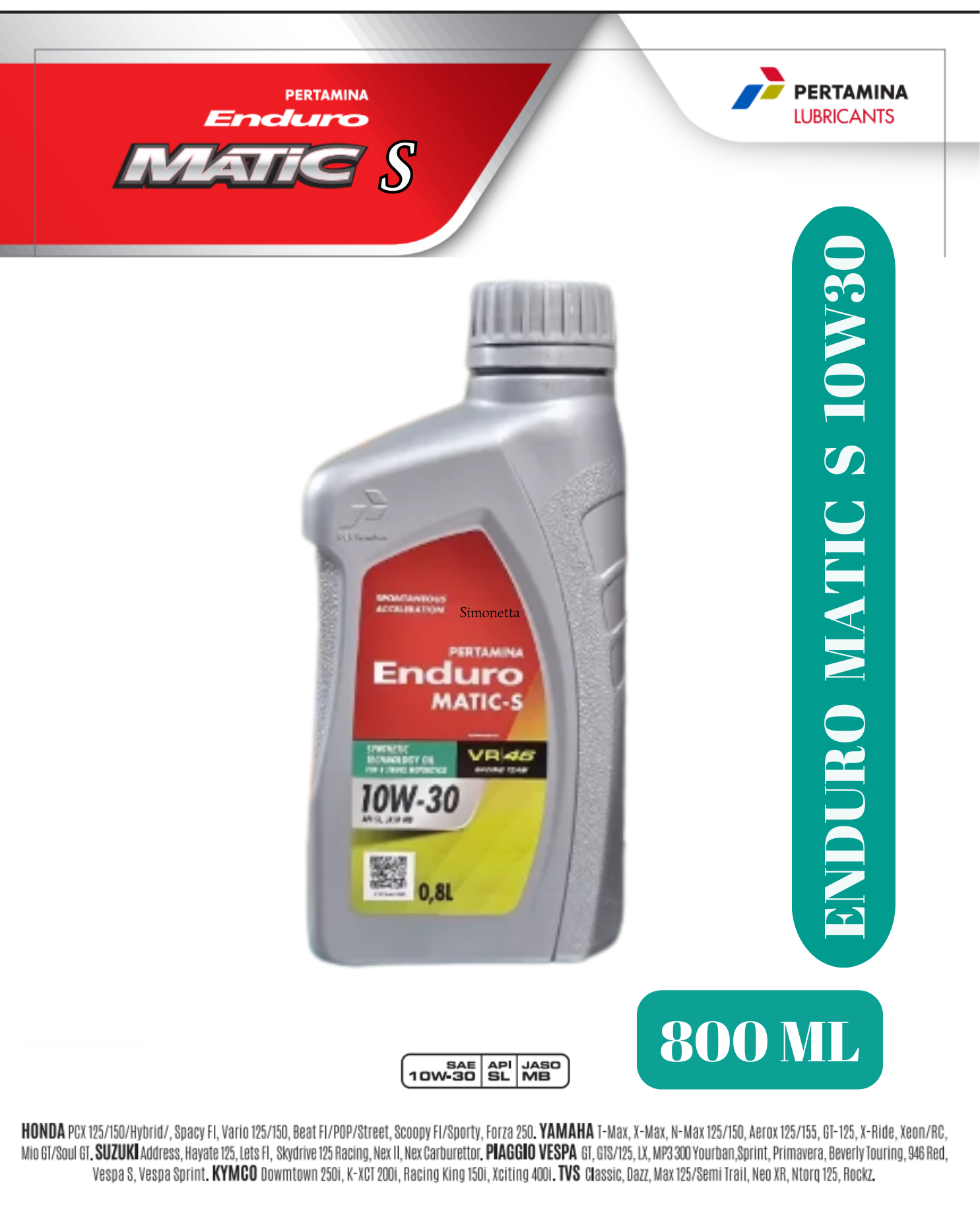 Oli Enduro Matic S 10w30 800ml 100% original lubricating Honda Vario beat scopy Mio Fino xride spin DLL Harga 47,500 rupiah*Gratis Ongkir