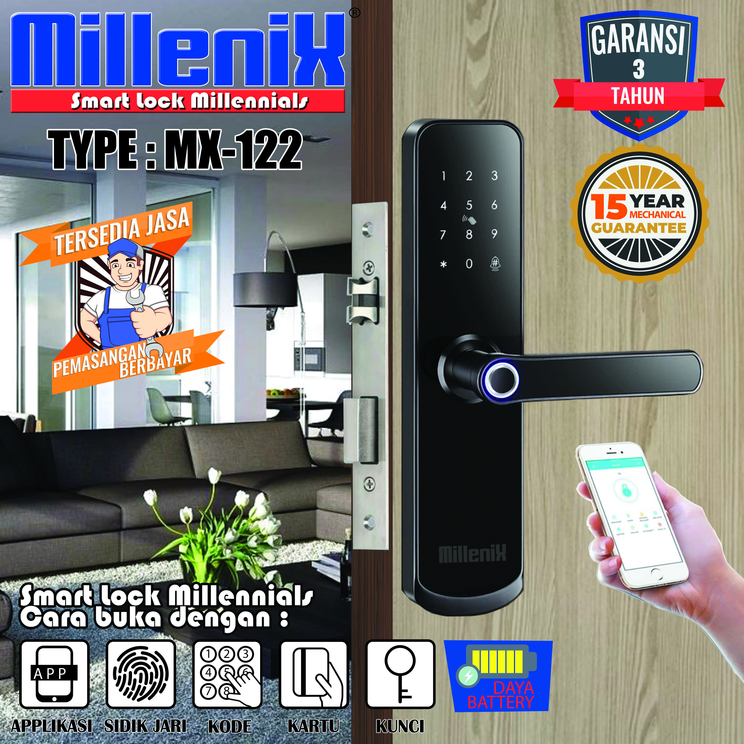 SMARTLOCK GRS 3 THN MILLENIX MX-122 WATERPROOF IP54, APP+FINGER+CODE + CARD +KEY Harga 2,225,000 rupiah*Gratis Ongkir