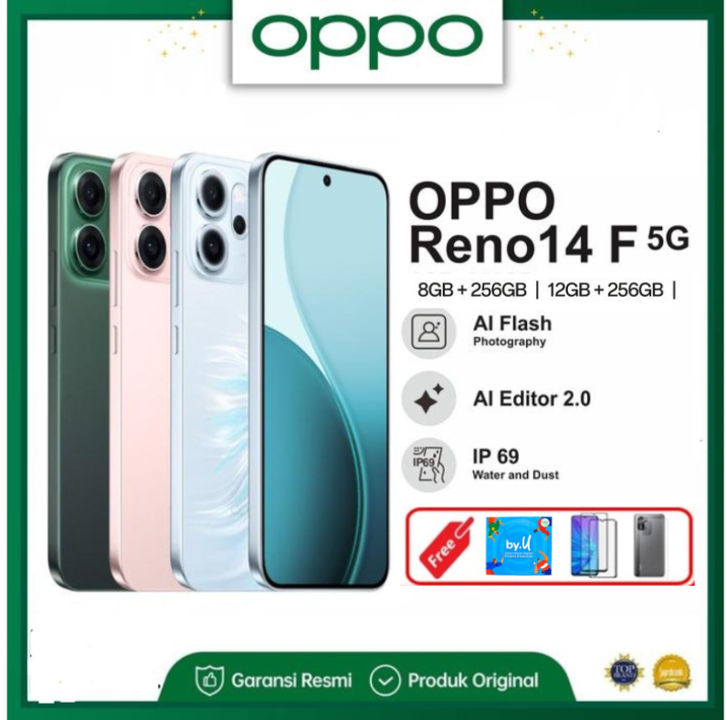 Oppo Reno 14F 5G 8/256GB | 12/256GB SOC chipset: Qualcomm Snapdragon 6 Gen 1 mobile platform-promo Harga  4,228,750 rupiah*Gratis Ongkir