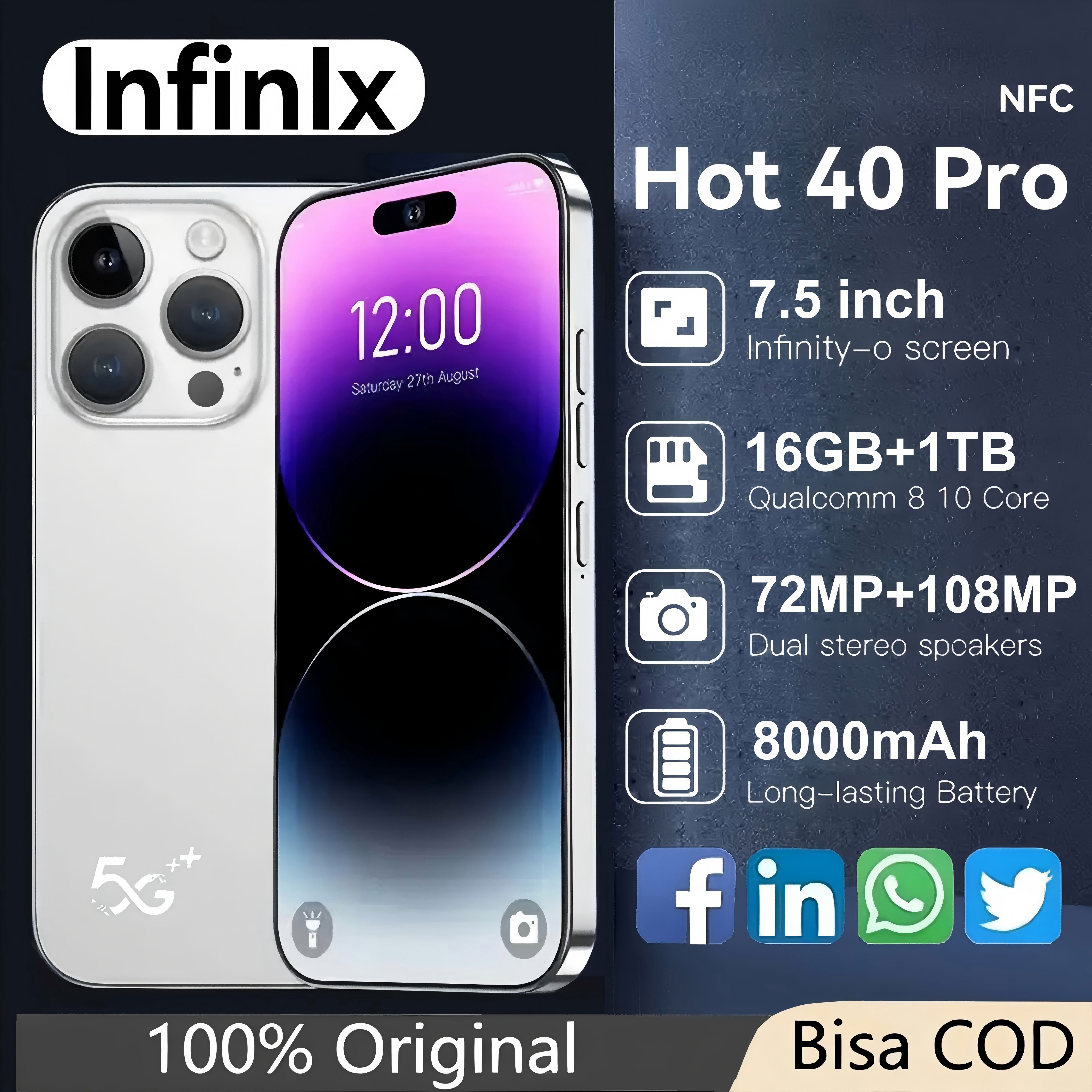 【Can co】cheap new HP infnix hot40 Pro 5G NFC original Android 13 hp 16GB RAM + 512GB ROM 7.5 inch HD Dual SLM dual cicilangaming HP note40 HP Infinix Note 40 pro5g HP Infinix Note 30 pro HP hot 40 Pro Harga  949,000 Ringgit*Penghantaran Percuma