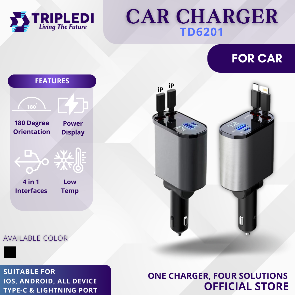 TRIPLEDI Car Charger 4IN1 PD Fast Charging 100W TD6201 Retractable Kabel Cas USB Type C Lightning QC3.0 Dual Port Adjustable For Android IOS Huawei Harga 329,000 rupiah*Gratis Ongkir