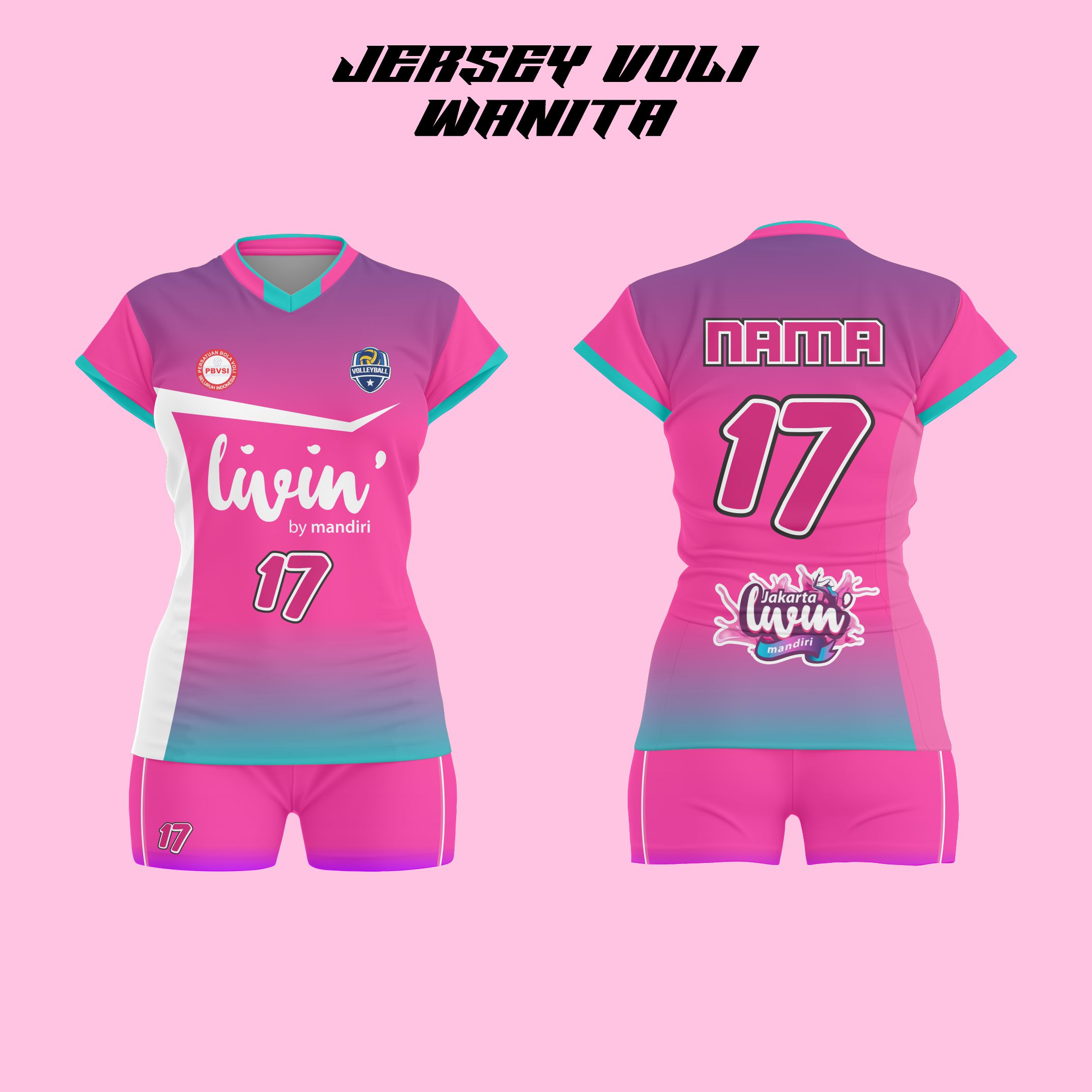 Jersey voli wanita livin by mandiri full printing free nama nomor dan logo Harga 58,900 rupiah*Gratis Ongkir