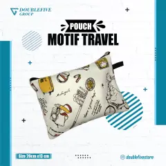 Dompet Pouch Kosmetik Souvenir Wanita Kanvas Uk 20 x 13 CM Motif TRAVEL