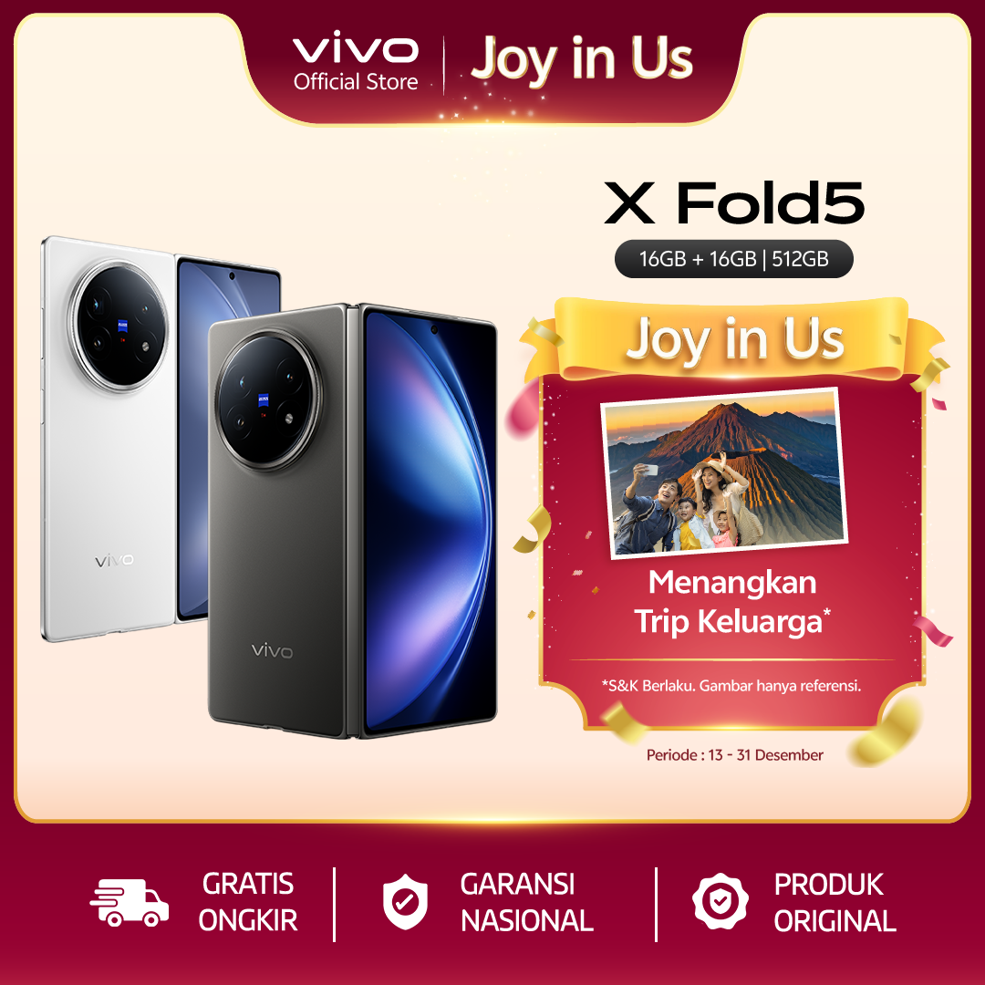 [NEW LAUNCH] vivo X Fold5 (16/512) - 6000mAh vivo's Lightest Foldable Phone, 80W FlashCharge, Zeiss Telephoto Camera, IPX8 & IPX9 Water Resistance, IPX5 Dust Resistance Harga 24,999,000 rupiah*Gratis Ongkir