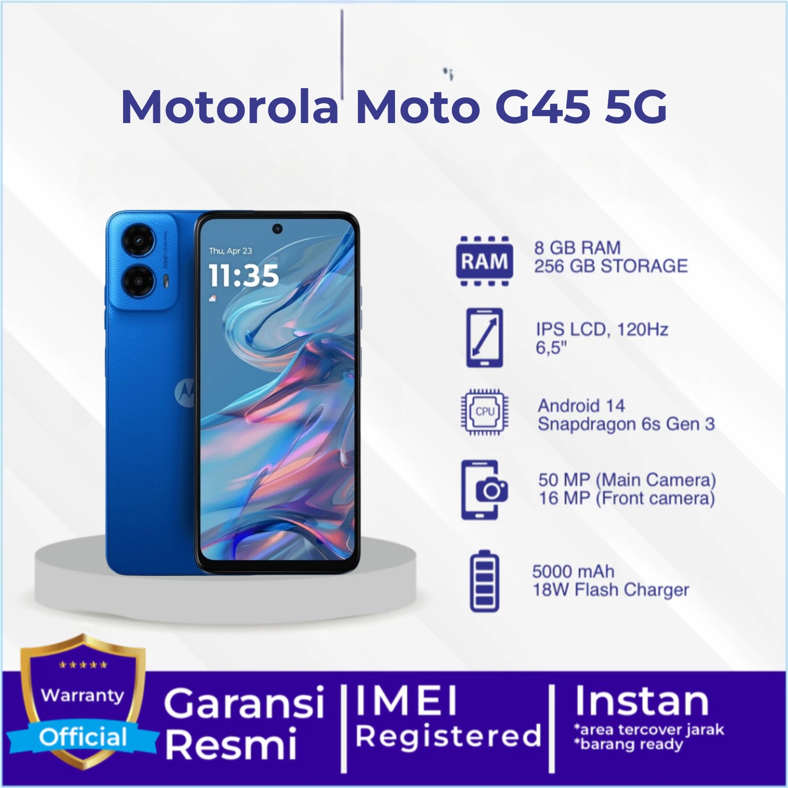Motorola Moto G45 5G 8/256 GB garansi resmi - Up to 16GB Extended RAM - Snapdragon 6s Gen 3 - 6.5 inch Screen Size - Gorilla Glass 3 Blue Color Harga 2,999,900 rupiah*Gratis Ongkir